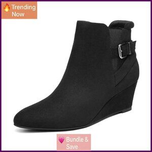 Wedge Ankle Boots Low Heel Buckle Strap Zipper Closure Comfort Lining